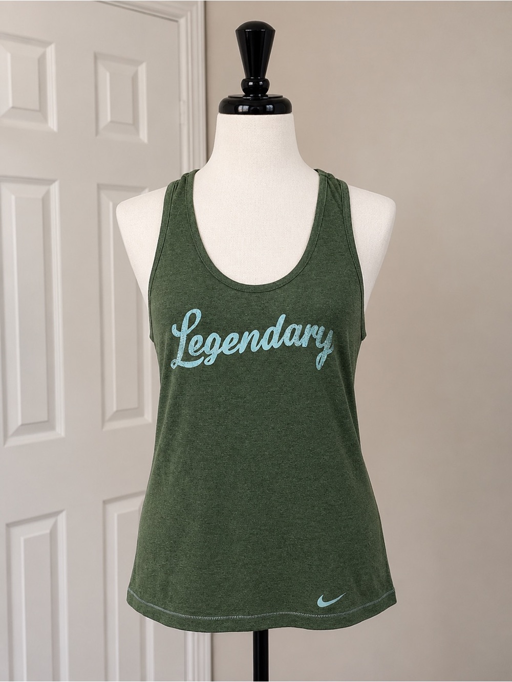 Nike Women’s Olive Green Racerback Tank with Light Blue 'Legendary' Script